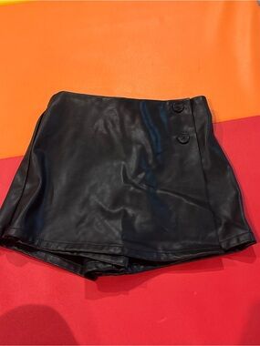 Black Faux Leather Girls Skort with Button Detail